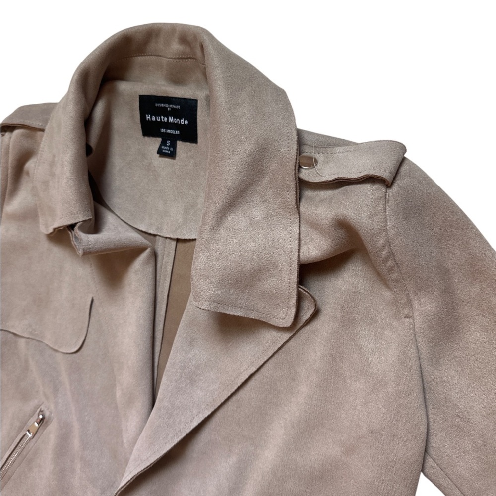 Suede Taupe Beige Blazer Jacket Sz S Minimalist Business Casual Zip Pockets - Picture 3 of 12